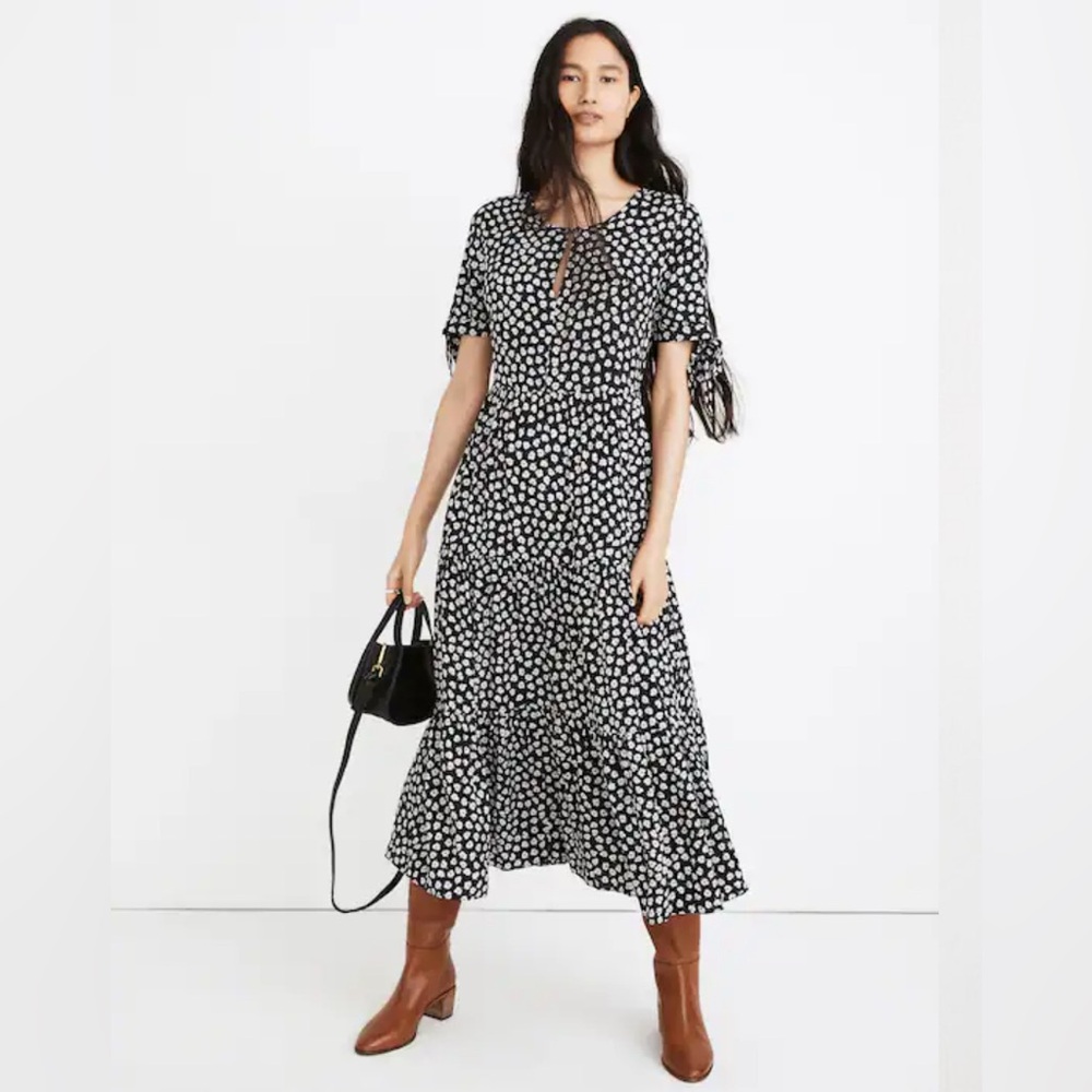Madewell Tie-Sleeve Tiered Midi Dress in Woodcut Flowers